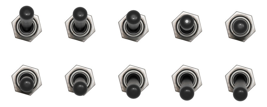 3D rendered toggle switch in 10 different positions. Transparent background. Each button in 1000 x 1000px squares evenly.