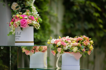 Fototapeta premium Beautiful gift bouquets of fresh flowers for the holiday