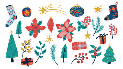 Colección de elementos decorativos de navidad vectorizados, con bolas de navidad, árbol de navidad, estrellas, flores de pascua, regalos, y calcetines 