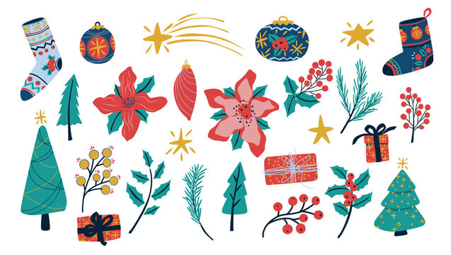 Colección de elementos decorativos de navidad aislados con fondo transparente, con bolas de navidad, árbol de navidad, estrellas, flores de pascua, regalos, y calcetines 