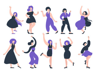Vector, flat illustration. A set of dancing girls in bright clothes.