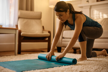 Young Asian athlete rolling her exercise mat after sports training at home.