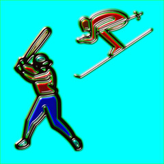 Illustration of a baseball player and a skier. Funny situation.Vector image.