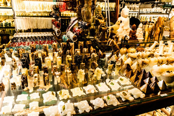 Souvenir shop with various objects made from onyx and quartz.