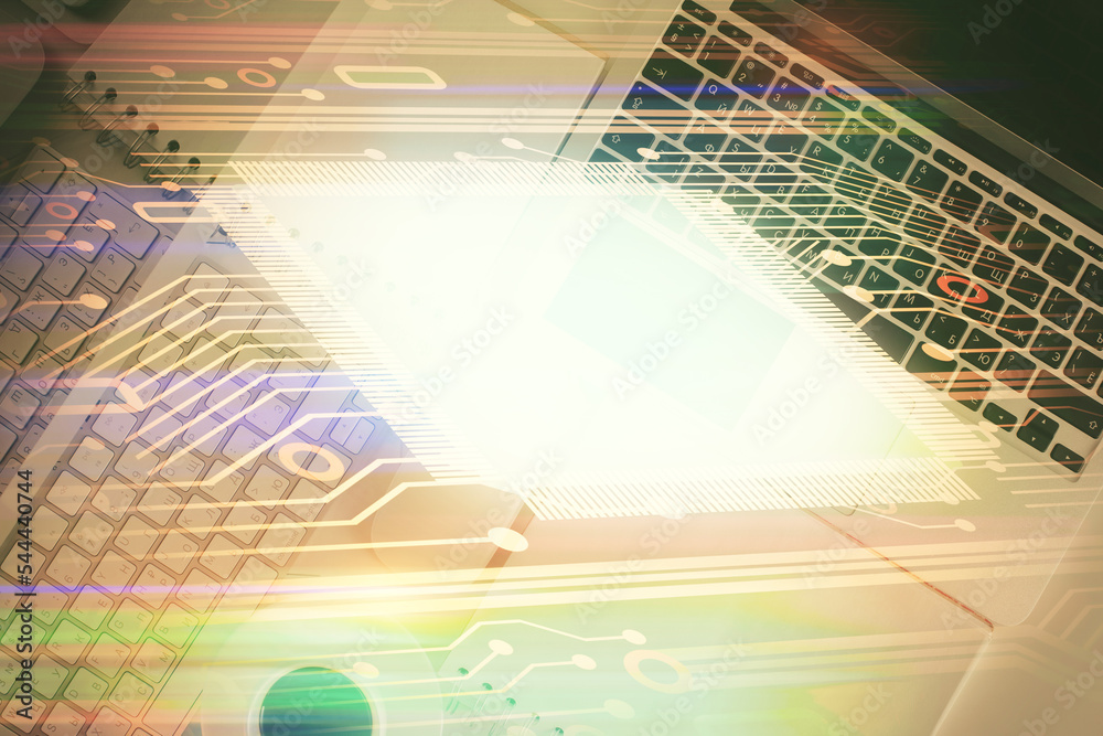 Poster Multi exposure of data theme drawing hologram over topview work desk background with computer. Concept of technology.