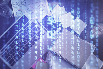 Multi exposure of data theme drawing hologram over topview work desk background with computer. Concept of technology.