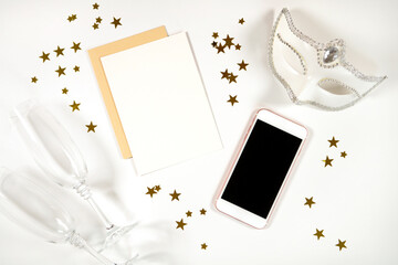 New Year's Eve 5x7 greeting card, party invitation and cellphone, mobile phone eVite eCard mockup...