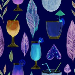 Seamless pattern of tropical leaves and cocktails. Tropical bright background. Hand-drawn