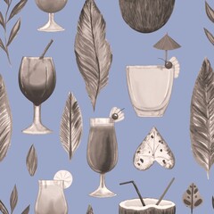 Seamless pattern of tropical leaves and cocktails. Tropical background. Hand-drawn. Monochrome plants on a colored background