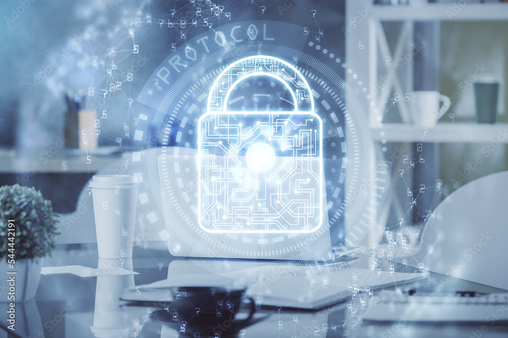 Poster multi exposure of lock drawing and office interior background. concept of data security.