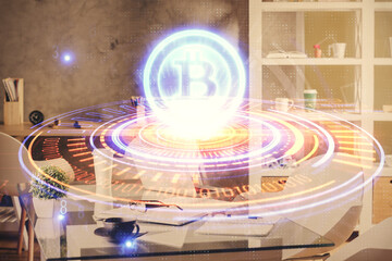Double exposure of crypto technology theme drawing and office interior background. Concept of...