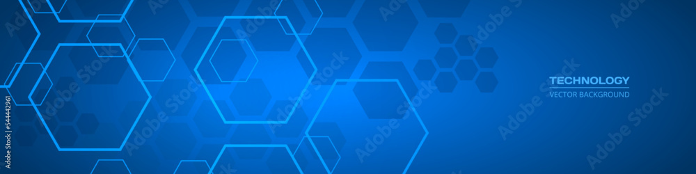 Poster technology dark blue wide abstract background with hexagonal elements. abstract hexagon medical navy