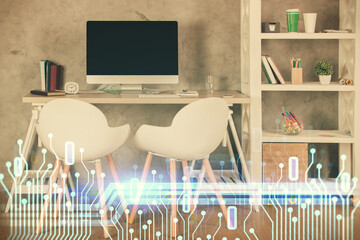 Multi exposure of data theme drawing and office interior background. Concept of technology.