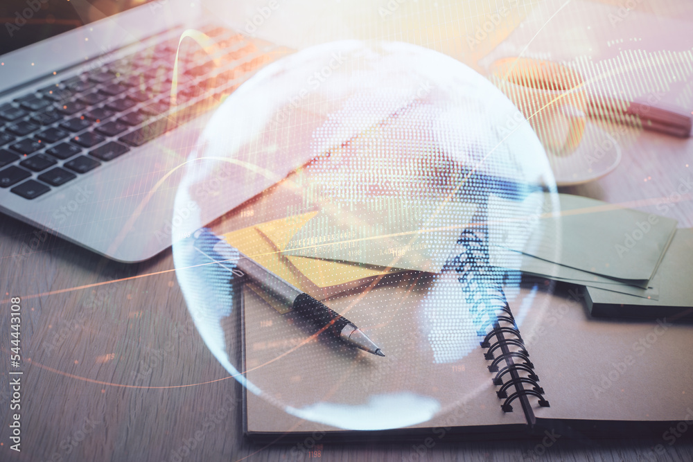 Poster double exposure of business theme drawing and desktop with coffee and items on table background. con