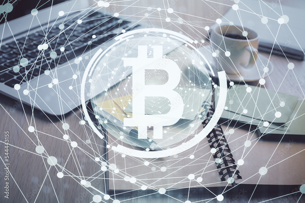 Poster double exposure of crypto technology drawing and desktop with coffee and items on table background. 