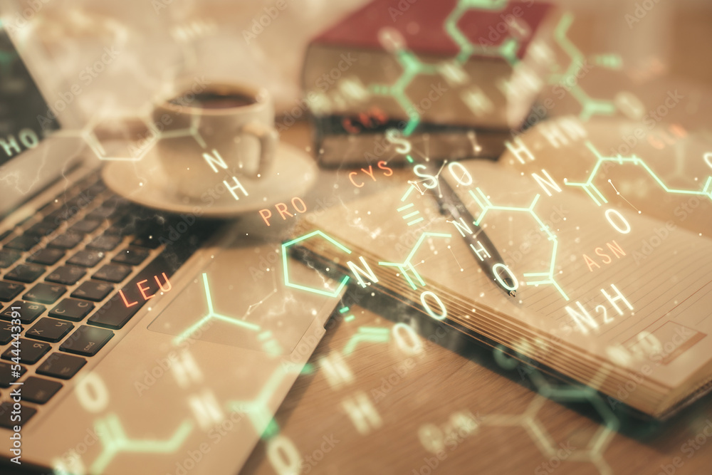 Poster double exposure of formula drawing and desktop with coffee and items on table background. concept of