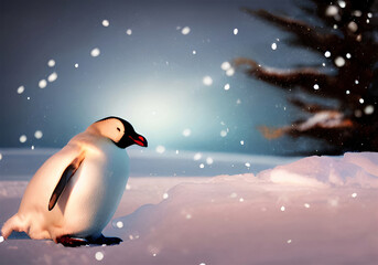 Naklejka premium penguin on the snow falling snow