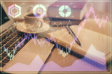 Double exposure of financial chart drawing and desktop with coffee and items on table background. Concept of forex market trading