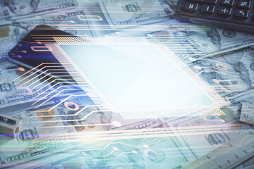 Fototapeta premium Double exposure of data theme drawing over us dollars bill background. Technology concept.