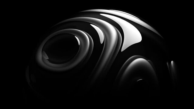 3d render with video of abstract art 3d sculpture with surreal alien dark flower in curve wavy spherical biological lines forms in glass and matte aluminium metal material on isolated black background