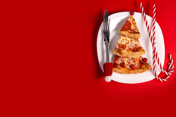 New Year. Christmas. pizza.new year's pizza. pizza chunks are in the shape of a Christmas tree. New...