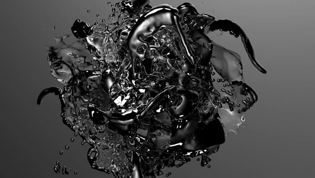 3d render of monochrome black and white abstract art video surreal water ice liquid metal alien mystic substance organism in rotation process with splashes and drops around on black background