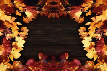 Frame of autumn leaves on a wooden background. Illustration