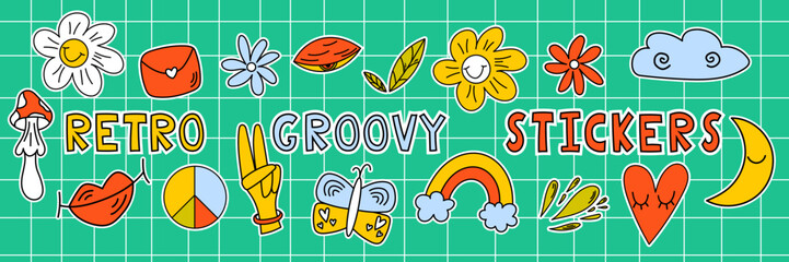 Retro 70s groovy elements, cute hippy stickers. Groovy hippie 70s set. Set retro stickers. Vector stickers - Mushrooms, flowers, butterfly, pee, rainbow, heart, cloud, lips.