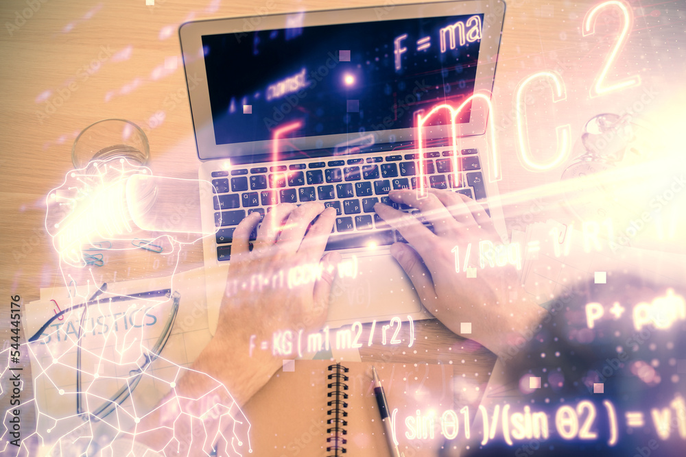 Poster Double exposure of man's hands typing over computer keyboard and formula hologram drawing. Top view. Education concept.