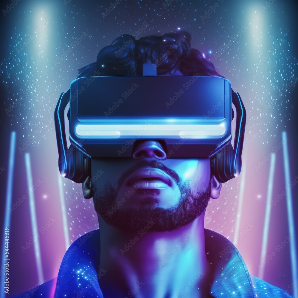 Poster futuristic concept of vr and ar technologies, man in 3d glasses. generative ai