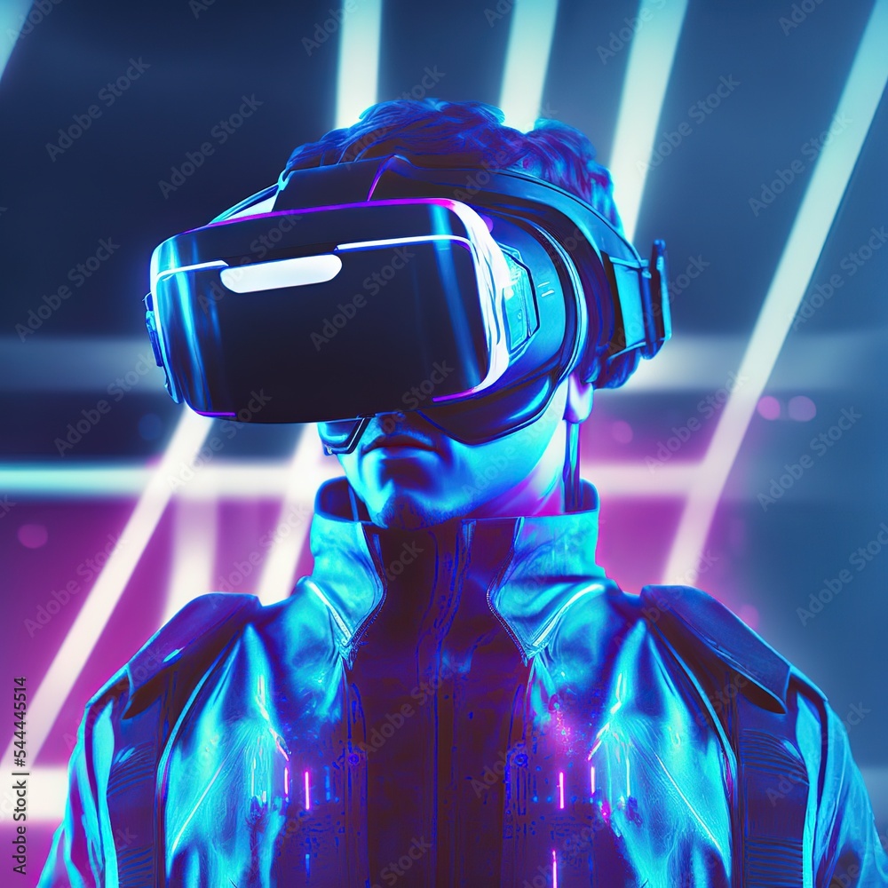 Poster man in vr ar 3d futuristic headset in virtual reality simulation in metaverse wearing cyberpunk styl