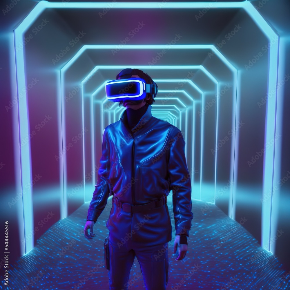 Poster man in vr ar 3d futuristic headset in virtual reality simulation in metaverse wearing cyberpunk styl