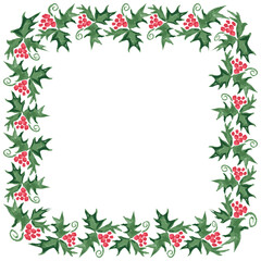 Decorative square border from watercolor drawings of Christmas holly with red berries