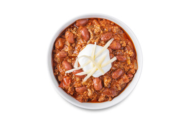 Chili con carne in a bowl on a white isolated background