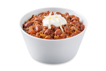 Chili con carne in a bowl on a white isolated background