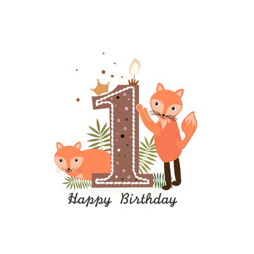 Cute foxes. Safari animals first birthday one candle greeting card. Birthday greeting card