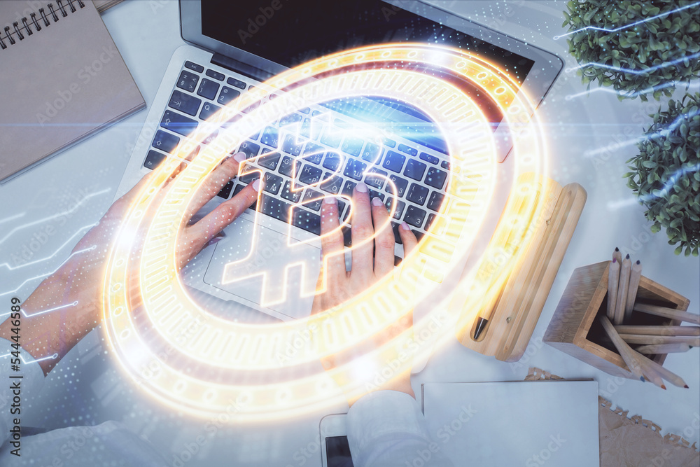 Poster Double exposure of woman hands working on computer and blockchain theme hologram drawing. Top View. bitcoin cryptocurrency concept.