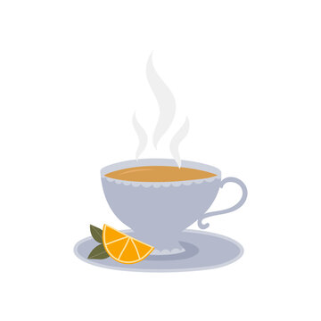 Cup of tea and saucer with lemon slice and leaves. Hand drawn doodle style design. 