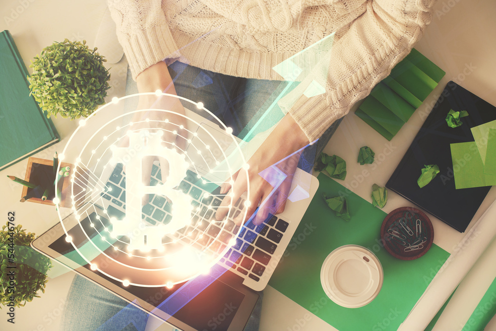 Aufkleber double exposure of woman hands working on computer and blockchain theme hologram drawing. top view. 