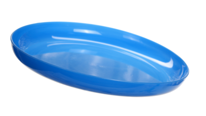 Blue plastic plate flying isolated on white