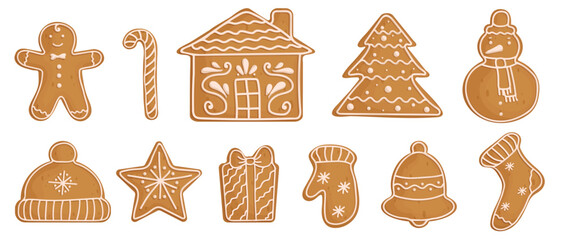 Set of gingerbread cookies.Christmas honey cookies with various shapes of icing.Cartoon vector graphic. - obrazy, fototapety, plakaty