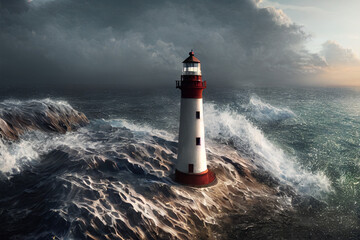 Obraz premium lighthouse and thunderstorm, heavy rain with lightning and rough sea