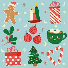 Cute seamless pattern with New Year and Christmas elements in the styles of flat art in delicate blue colors. The Christmas pattern is suitable for postcards and gift paper