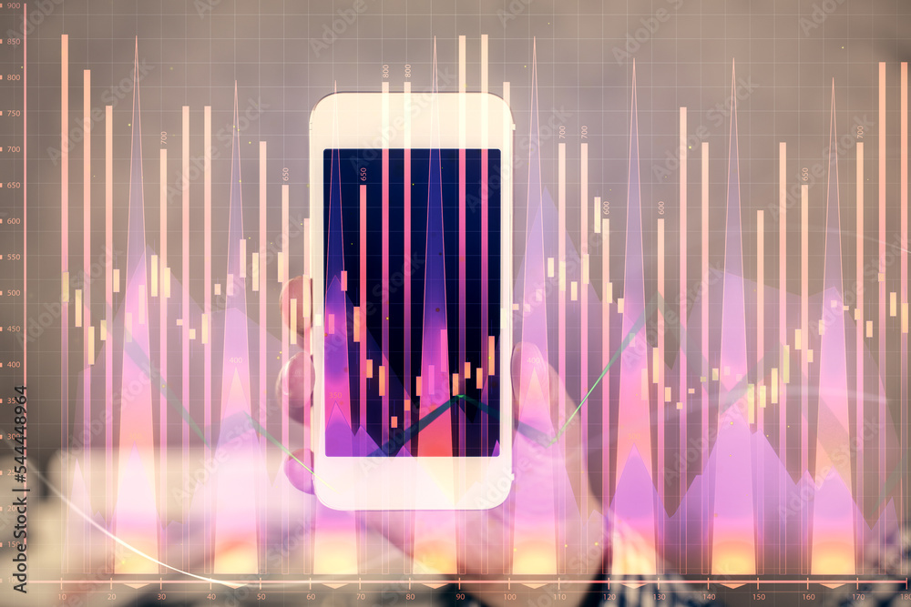 Aufkleber double exposure of man's hands holding and using a digital device and forex graph drawing. financial