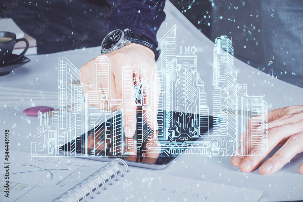 Poster double exposure of man's hands holding and using a digital device and city drawing.