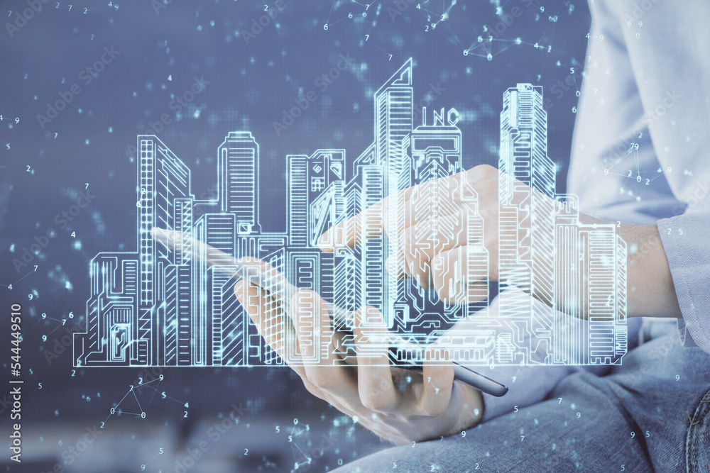 Poster double exposure of man's hands holding and using a digital device and city drawing.