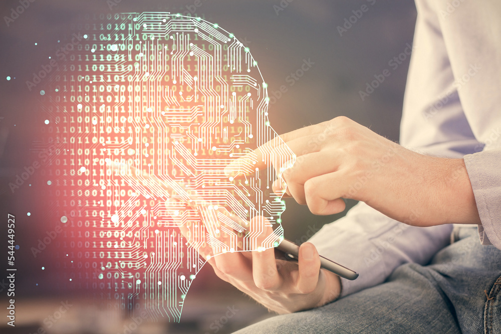 Poster Double exposure of man's hand holding and using a digital device and brain hologram drawing. Data concept.