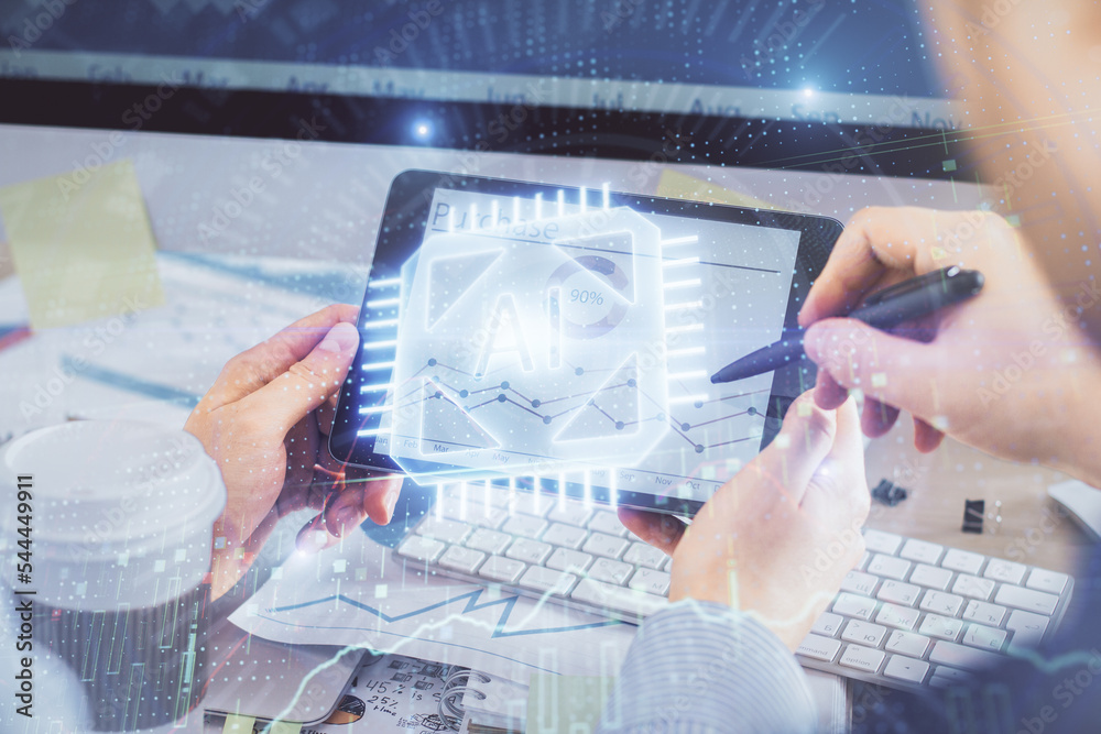 Aufkleber Multi exposure of man's hands holding and using a digital device and data theme drawing. Innovation concept.