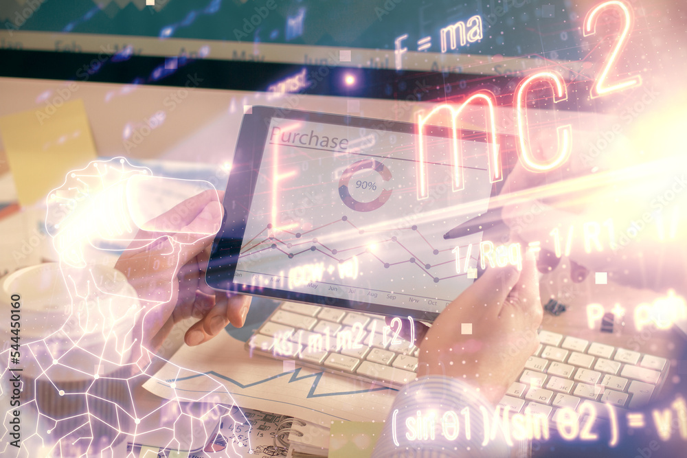 Poster double exposure of man's hands holding and using a phone and formulas drawing. education concept.