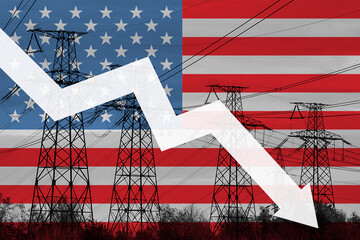 Power line and flag of USA. Energy crisis. Concept of global energy crisis. Decreased electricity generation. Graph arrow is down
